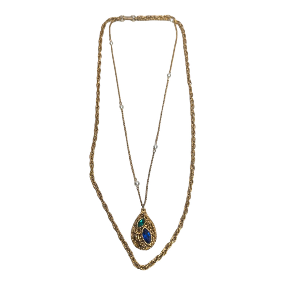 Egg Style Gold Tone Pendant Double Necklace Green & Blue Gems‎ Faux Pearls Vtg